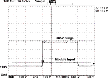 Figure 3. For a 110 V input, a 20 ms input transient with output voltage clamped to the converter’s high line limit